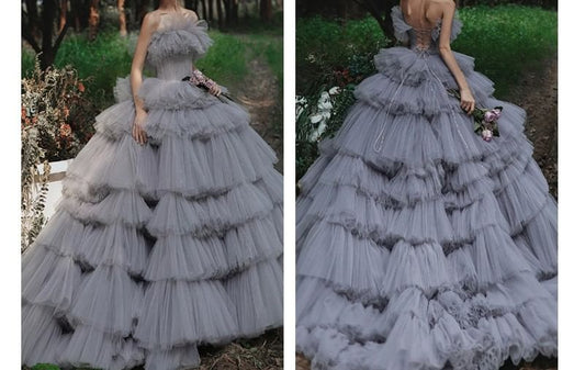 Strapless Plain Ruffle Sequin Tiered A-Line Ball Gown