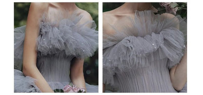 Strapless Plain Ruffle Sequin Tiered A-Line Ball Gown
