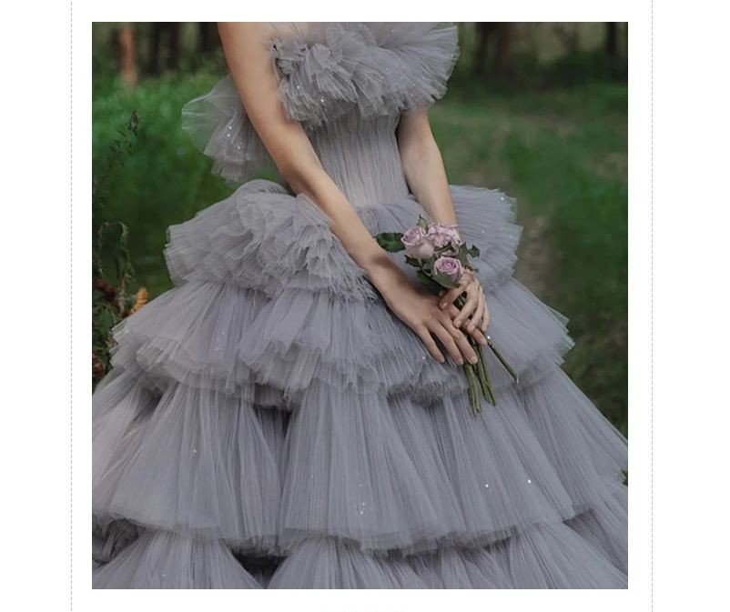Strapless Plain Ruffle Sequin Tiered A-Line Ball Gown