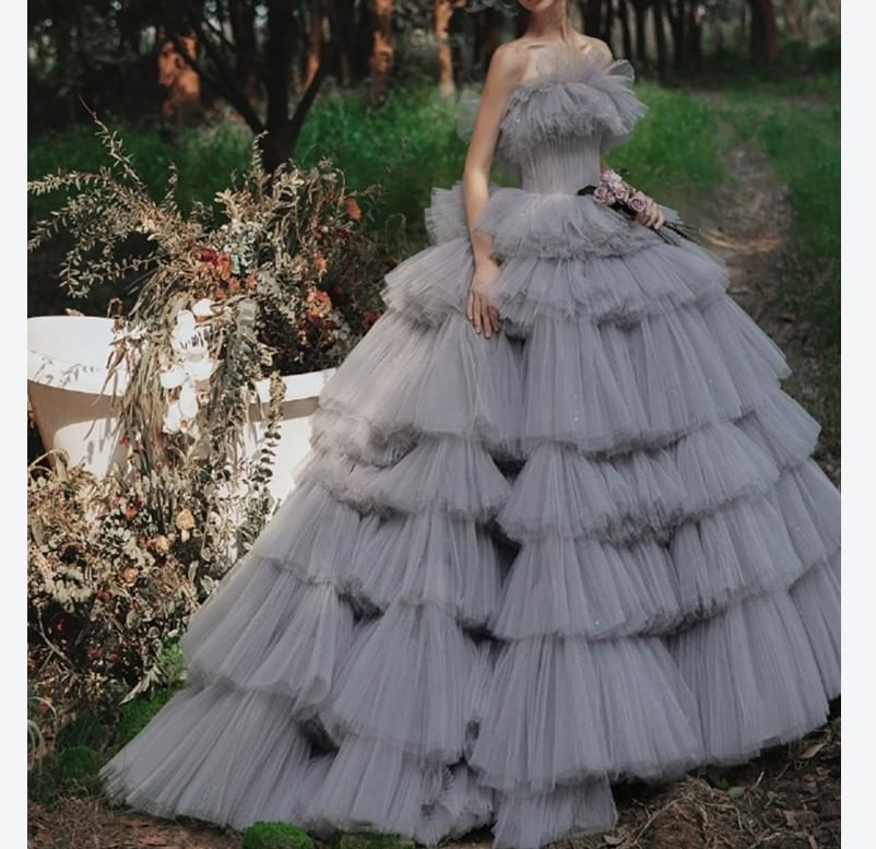 Strapless Plain Ruffle Sequin Tiered A-Line Ball Gown
