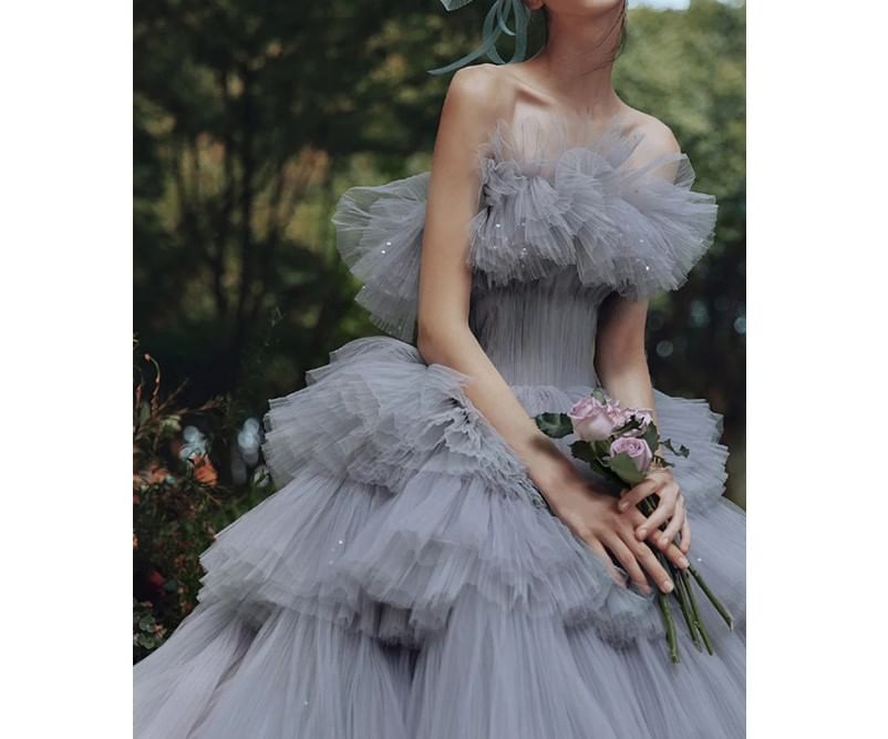 Strapless Plain Ruffle Sequin Tiered A-Line Ball Gown