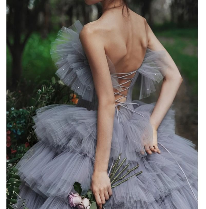 Strapless Plain Ruffle Sequin Tiered A-Line Ball Gown