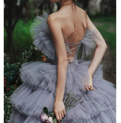 Strapless Plain Ruffle Sequin Tiered A-Line Ball Gown