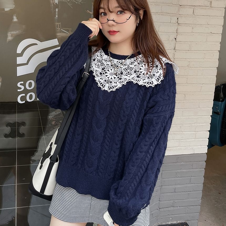 Plus Size Crewneck Lace Panel Cable Knit Plain Sweater