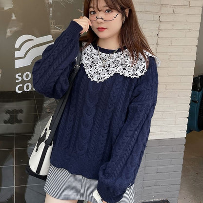 Plus Size Crewneck Lace Panel Cable Knit Plain Sweater