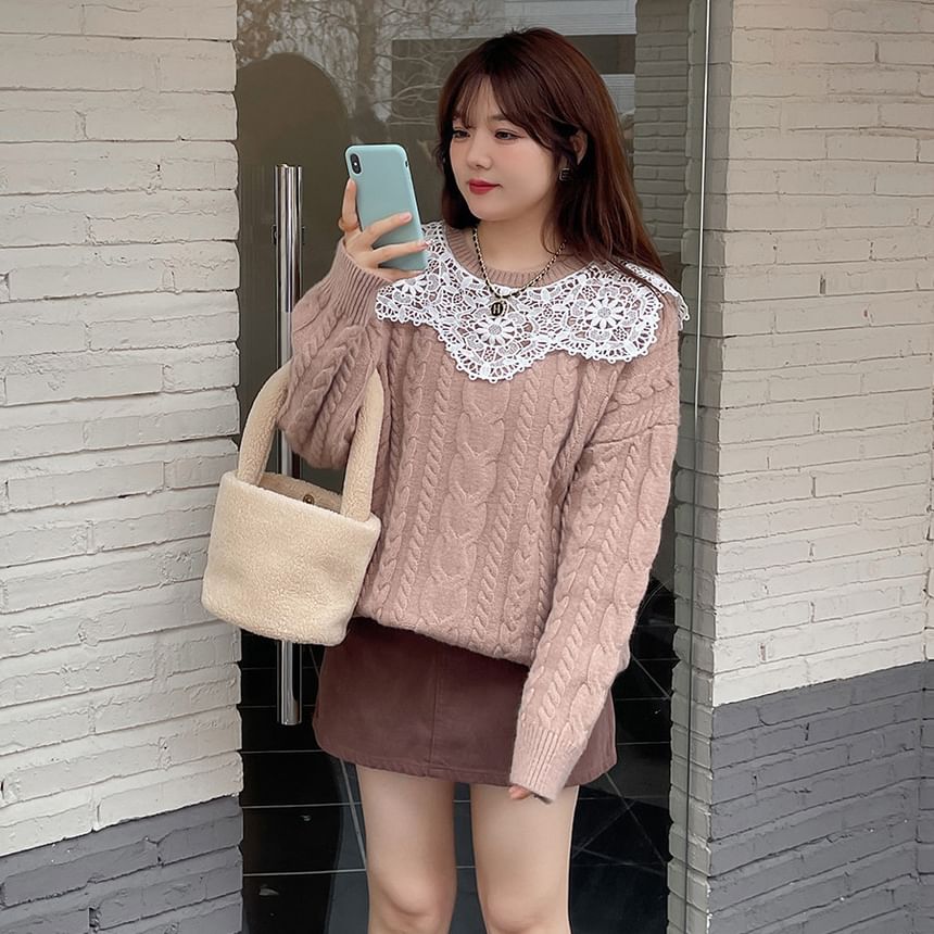 Plus Size Crewneck Lace Panel Cable Knit Plain Sweater