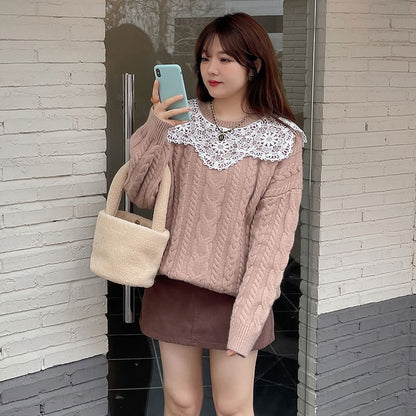 Plus Size Crewneck Lace Panel Cable Knit Plain Sweater