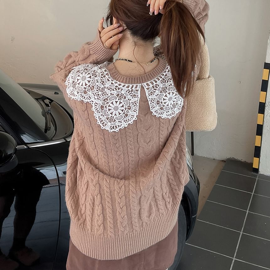 Plus Size Crewneck Lace Panel Cable Knit Plain Sweater