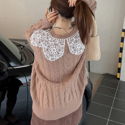 Plus Size Crewneck Lace Panel Cable Knit Plain Sweater