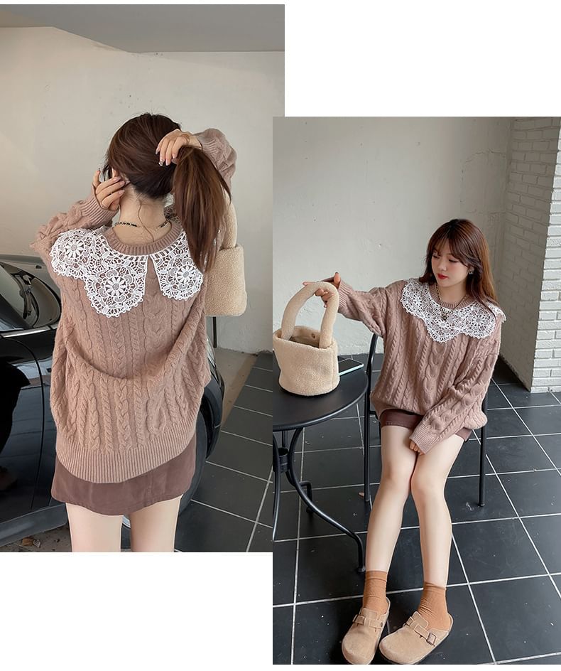 Plus Size Crewneck Lace Panel Cable Knit Plain Sweater