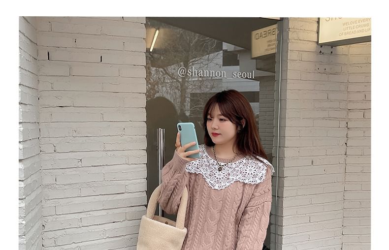 Plus Size Crewneck Lace Panel Cable Knit Plain Sweater