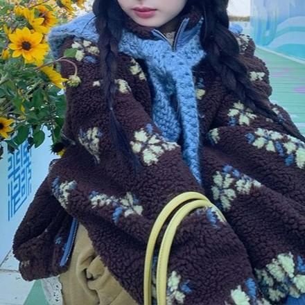 Stand Collar Floral Zip Up Fleece Jacket