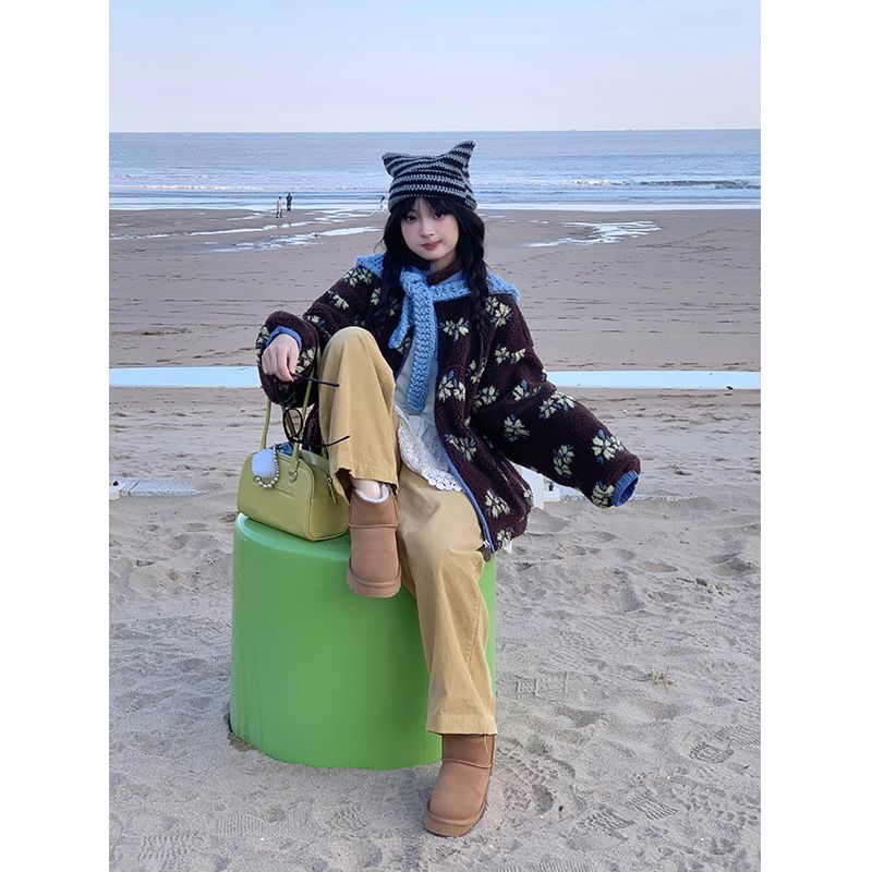 Stand Collar Floral Zip Up Fleece Jacket