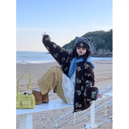 Stand Collar Floral Zip Up Fleece Jacket