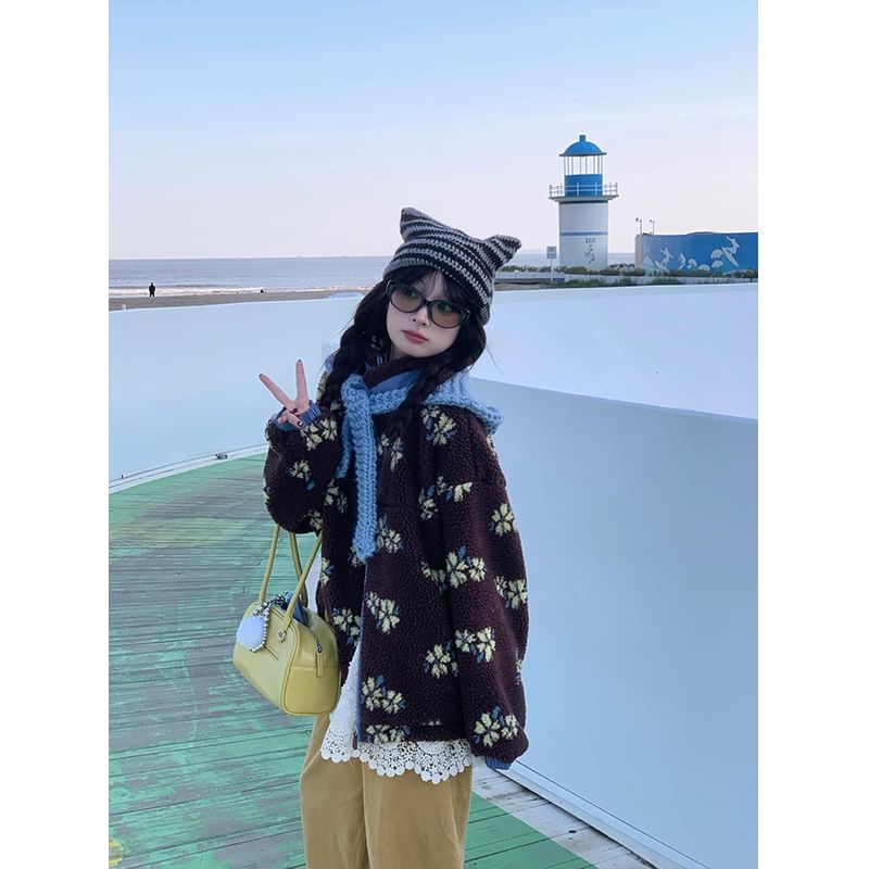 Stand Collar Floral Zip Up Fleece Jacket