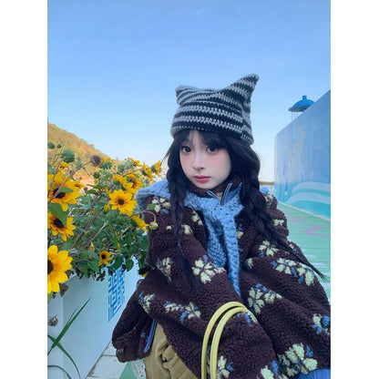 Stand Collar Floral Zip Up Fleece Jacket