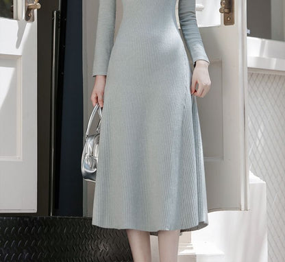 Long-Sleeve Stand Collar Plain Cutout Midi Knit Dress