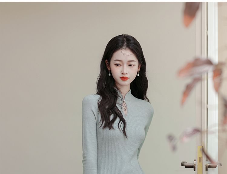 Long-Sleeve Stand Collar Plain Cutout Midi Knit Dress