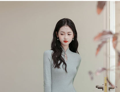 Long-Sleeve Stand Collar Plain Cutout Midi Knit Dress