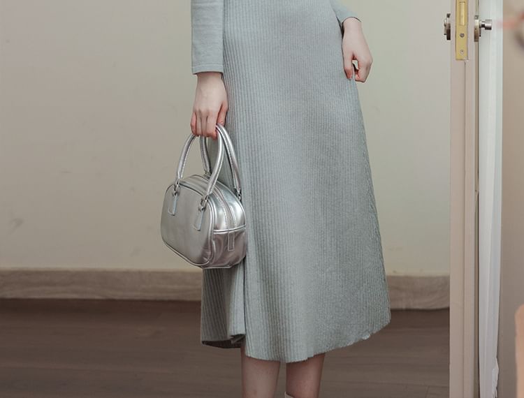 Long-Sleeve Stand Collar Plain Cutout Midi Knit Dress