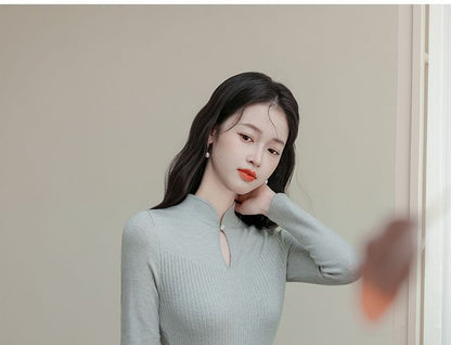 Long-Sleeve Stand Collar Plain Cutout Midi Knit Dress