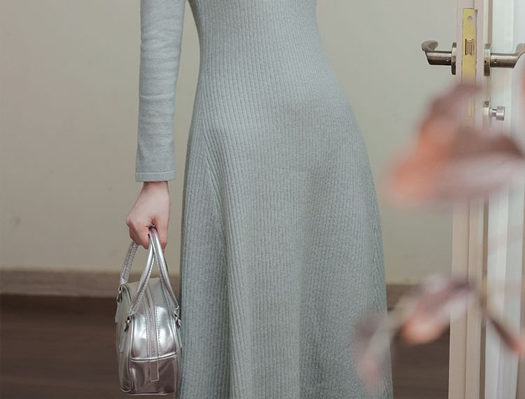 Long-Sleeve Stand Collar Plain Cutout Midi Knit Dress