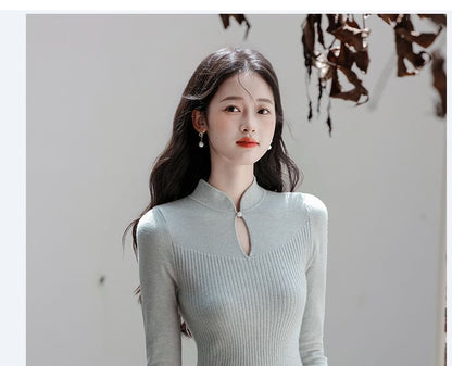 Long-Sleeve Stand Collar Plain Cutout Midi Knit Dress
