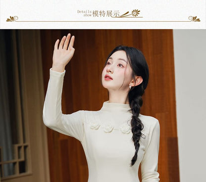 Long-Sleeve High Neck Plain Floral Top / Long-Sleeve High Neck Plain Midi Knit Dress