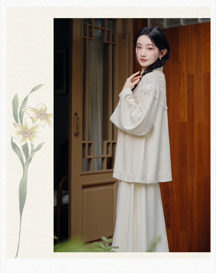 Long-Sleeve High Neck Plain Floral Top / Long-Sleeve High Neck Plain Midi Knit Dress