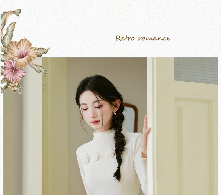 Long-Sleeve High Neck Plain Floral Top / Long-Sleeve High Neck Plain Midi Knit Dress