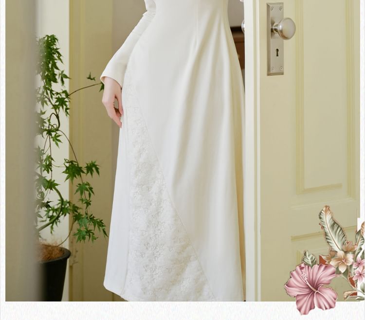 Long-Sleeve High Neck Plain Floral Top / Long-Sleeve High Neck Plain Midi Knit Dress