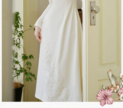 Long-Sleeve High Neck Plain Floral Top / Long-Sleeve High Neck Plain Midi Knit Dress