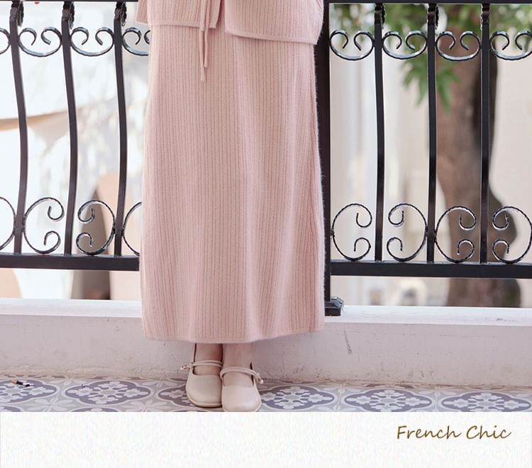 Set: Plain Ribbed Frog Buttoned Knit Top + High Waist Midi A-Line Skirt