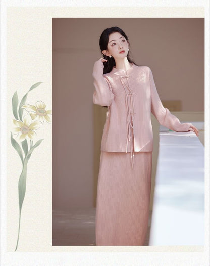 Set: Plain Ribbed Frog Buttoned Knit Top + High Waist Midi A-Line Skirt