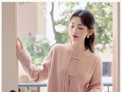 Set: Plain Ribbed Frog Buttoned Knit Top + High Waist Midi A-Line Skirt