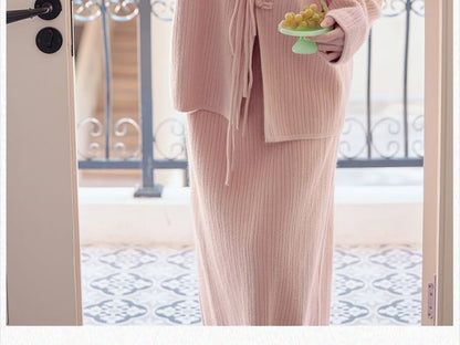 Set: Plain Ribbed Frog Buttoned Knit Top + High Waist Midi A-Line Skirt