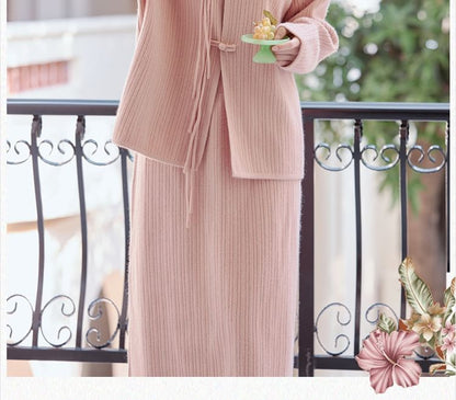 Set: Plain Ribbed Frog Buttoned Knit Top + High Waist Midi A-Line Skirt