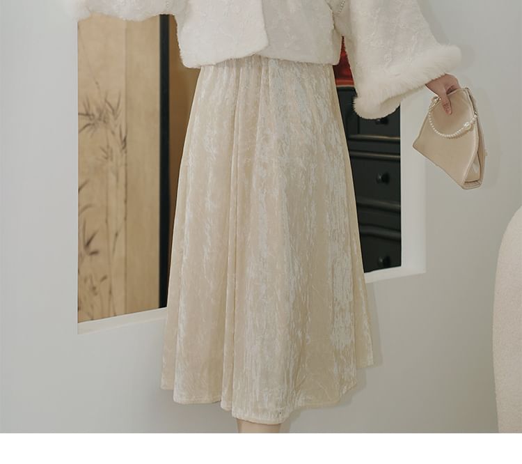 Puff-Sleeve Floral Jacquard Paneled Midi A-Line Dress / Jacket