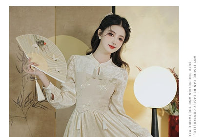 Puff-Sleeve Floral Jacquard Paneled Midi A-Line Dress / Jacket