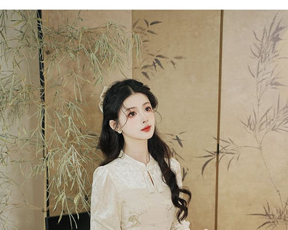 Puff-Sleeve Floral Jacquard Paneled Midi A-Line Dress / Jacket