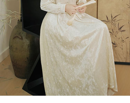 Puff-Sleeve Floral Jacquard Paneled Midi A-Line Dress / Jacket