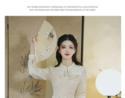 Puff-Sleeve Floral Jacquard Paneled Midi A-Line Dress / Jacket