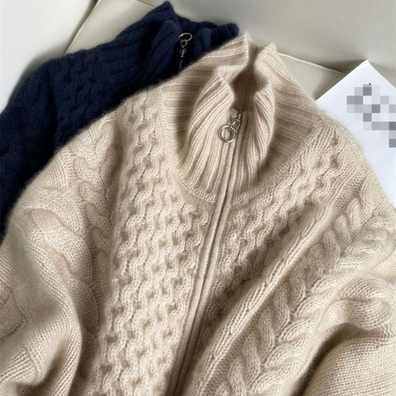 Mandarin Collar Solid Cable Knit Zip Cardigan