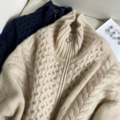 Mandarin Collar Solid Cable Knit Zip Cardigan