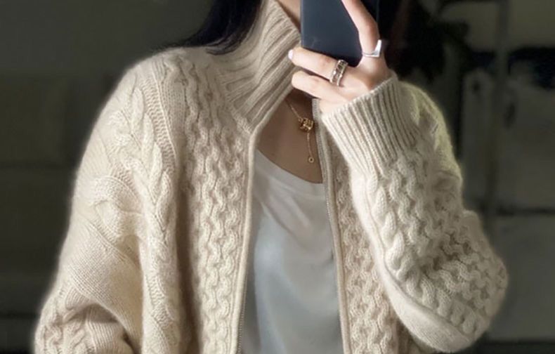 Mandarin Collar Solid Cable Knit Zip Cardigan