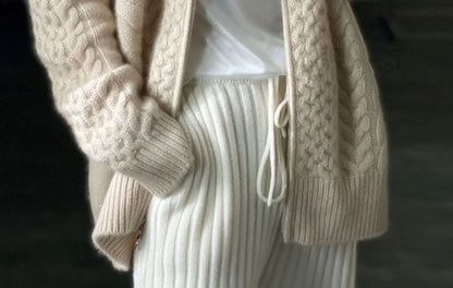 Mandarin Collar Solid Cable Knit Zip Cardigan