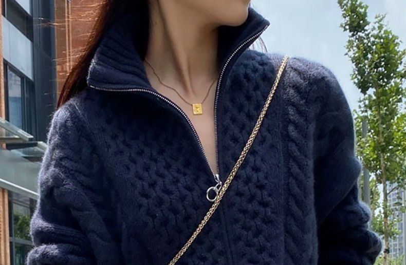 Mandarin Collar Solid Cable Knit Zip Cardigan