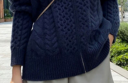 Mandarin Collar Solid Cable Knit Zip Cardigan