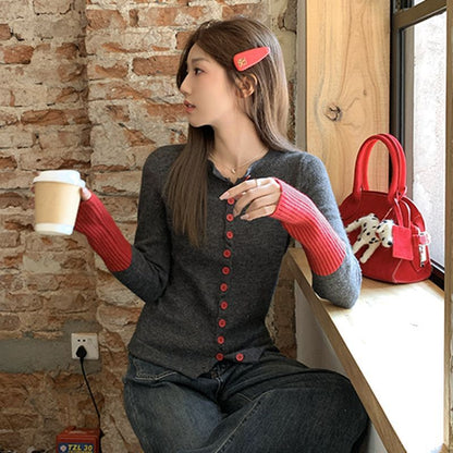 Dual-Tone Button Front Knitwear