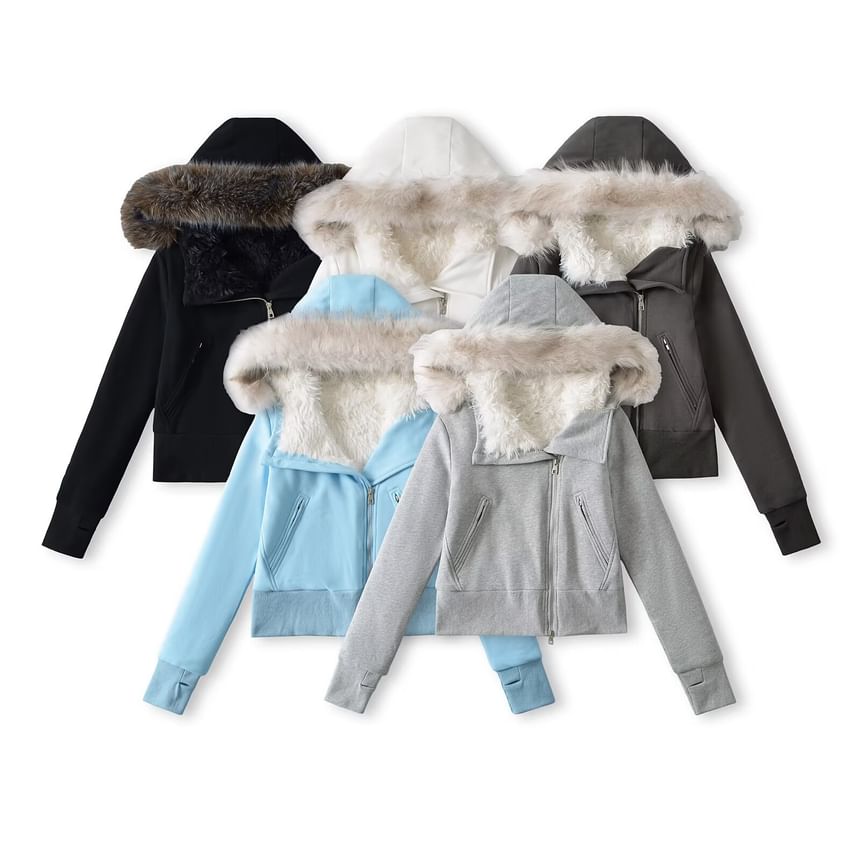 Fluffy Hooded Plain Asymmetrical Zip Up Cropped Jacket